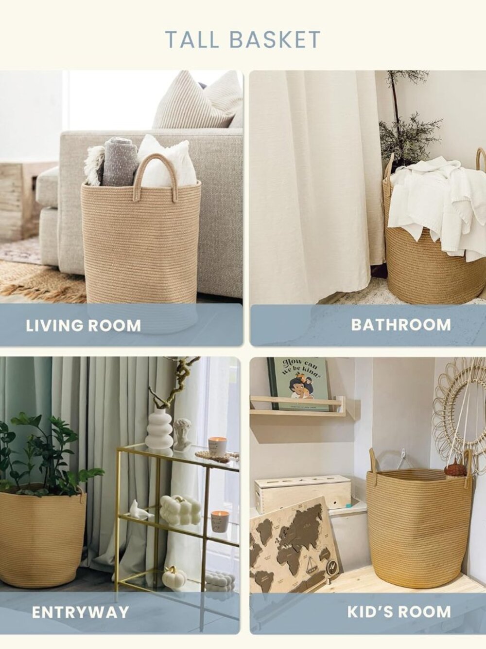 Large Woven Laundry Basket w/Handles 52L, Rope Dirty Clothes Hamper, Blanket Bas - Picture 5 of 9